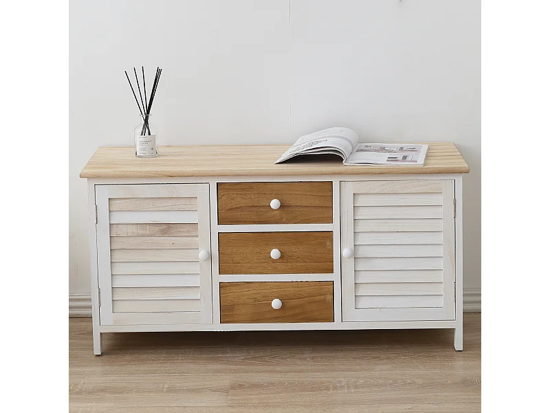 Banc Meuble 3 Tiroirs 2 Porte Bois Blanc Beige 44x90x34