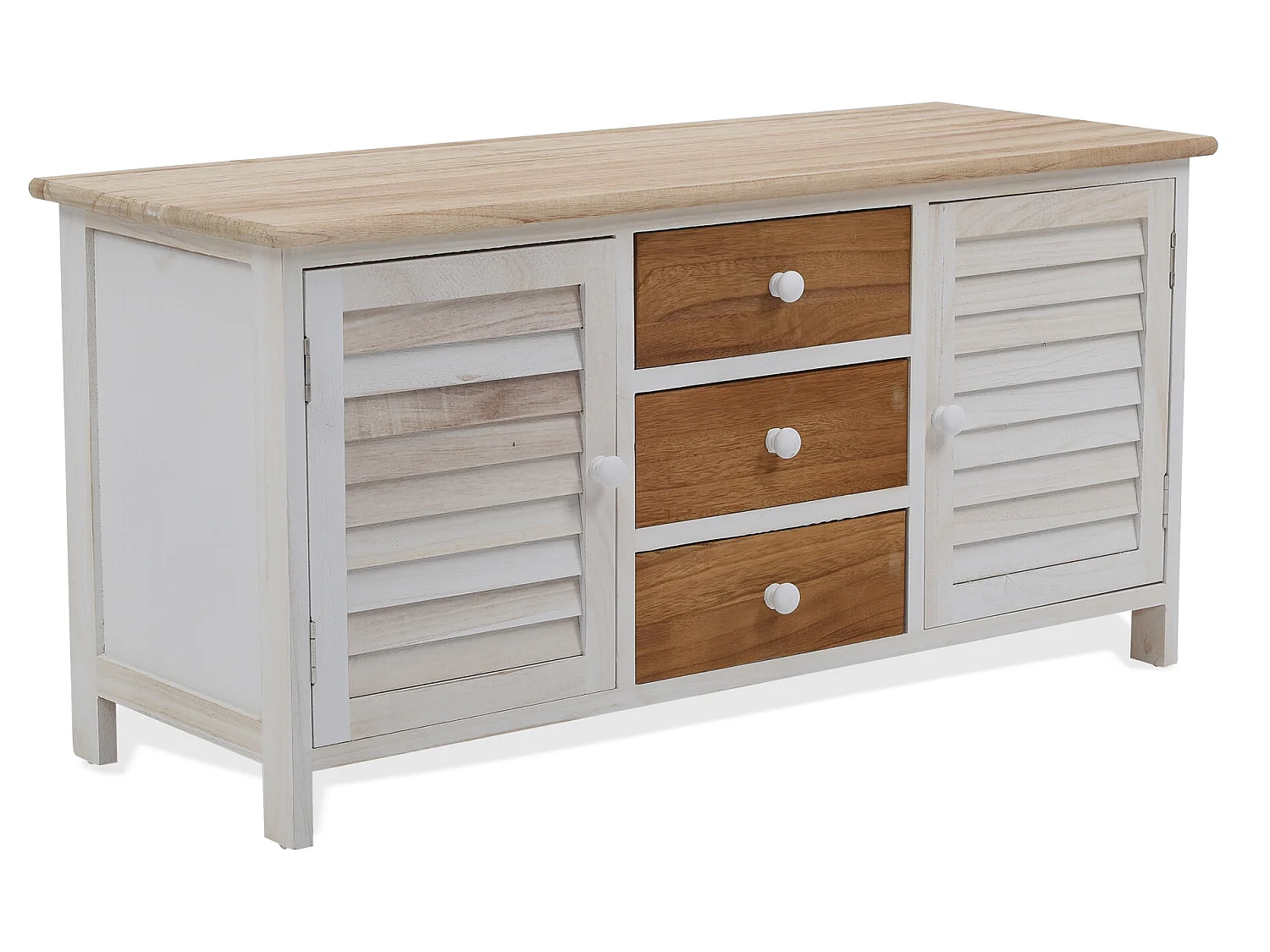 Banc Meuble 3 Tiroirs 2 Porte Bois Blanc Beige 44x90x34