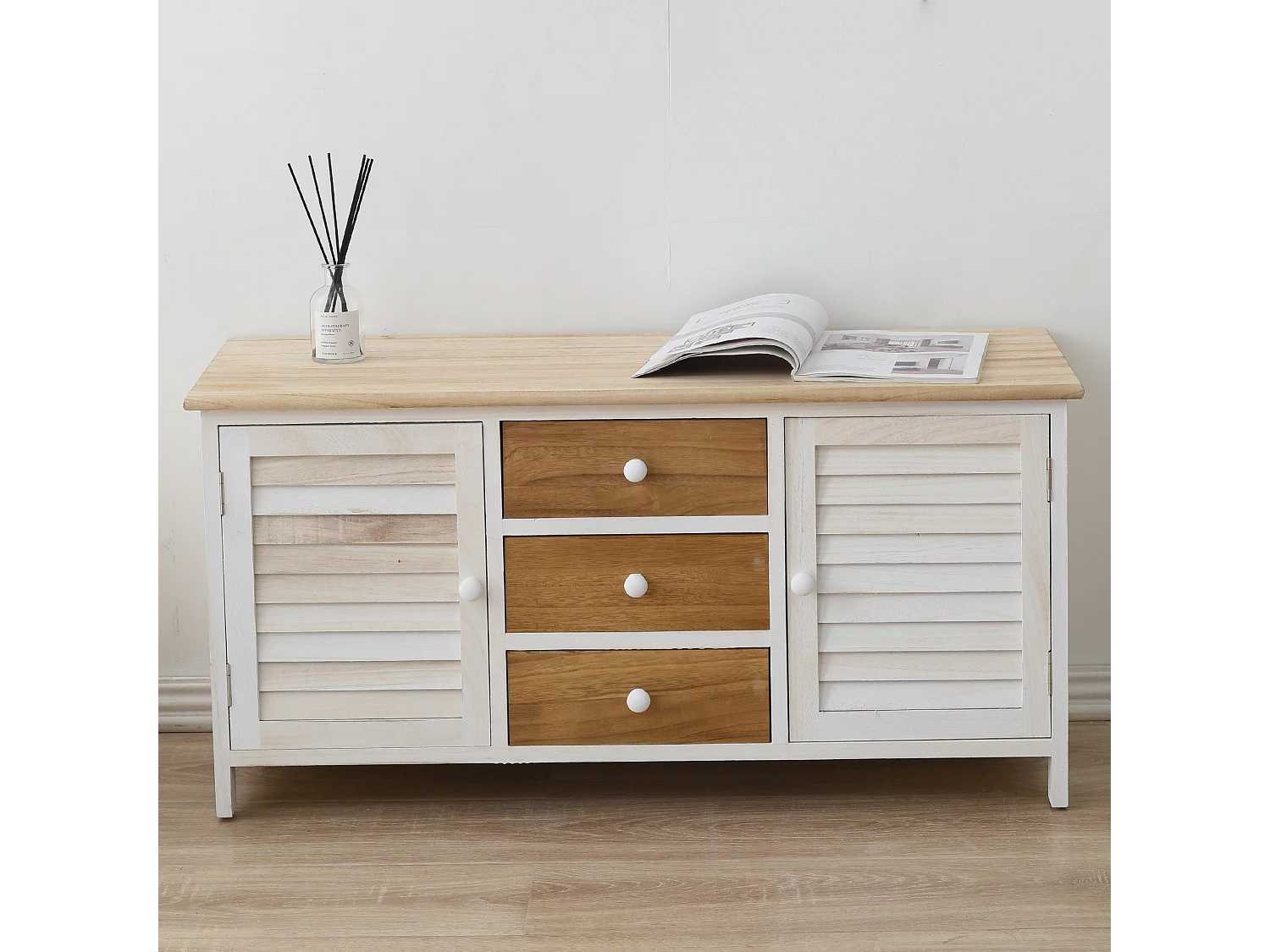 Banc Meuble 3 Tiroirs 2 Porte Bois Blanc Beige 44x90x34