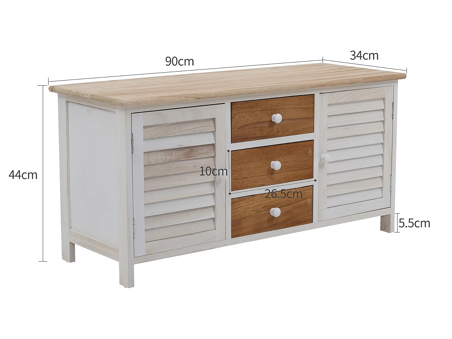 Banc Meuble 3 Tiroirs 2 Porte Bois Blanc Beige 44x90x34