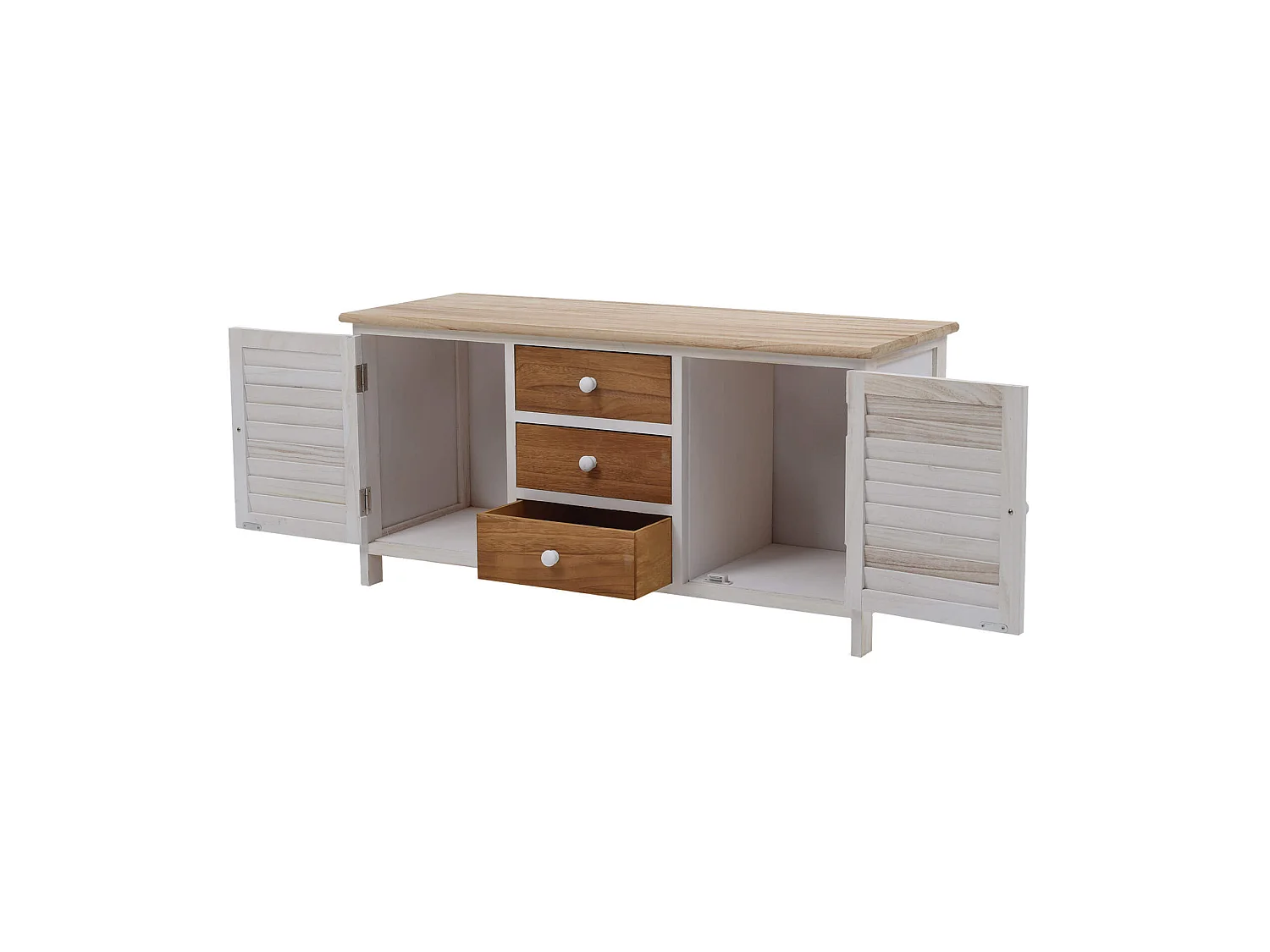 Banc Meuble 3 Tiroirs 2 Porte Bois Blanc Beige 44x90x34