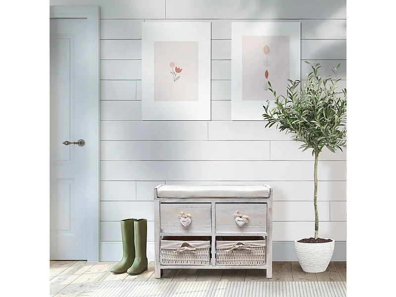 Panca 2 Cassetti 2 Ceste Legno Vimini Bianco Shabby Chic 46x60x30