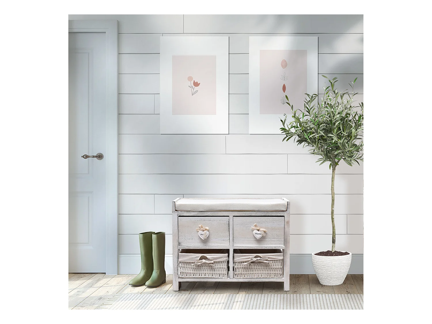 Banc Banquette Assise 2 Tiroirs Bois Blanc Shabby 46x60x30