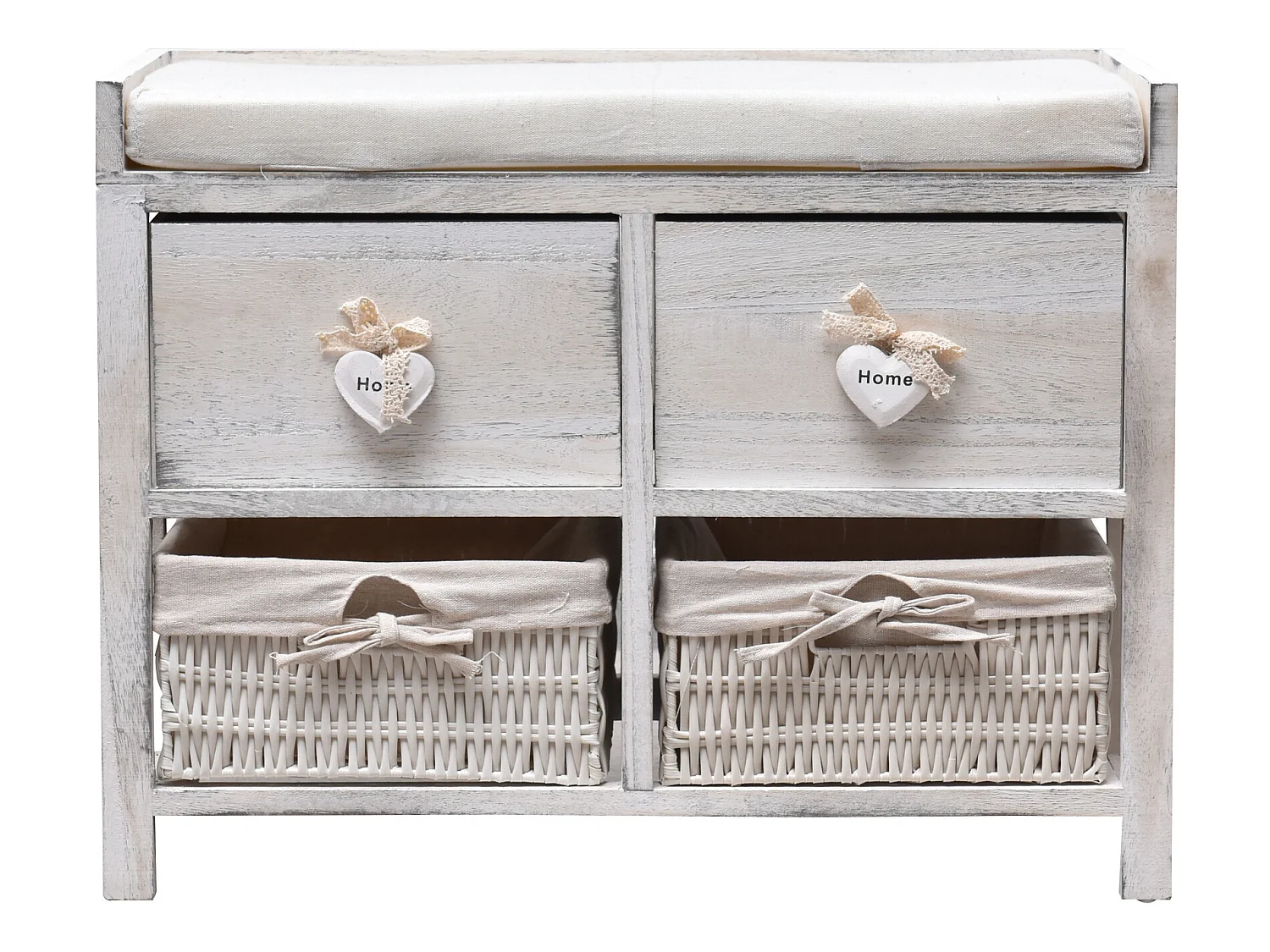 Panca 2 Cassetti 2 Ceste Legno Vimini Bianco Shabby Chic 46x60x30