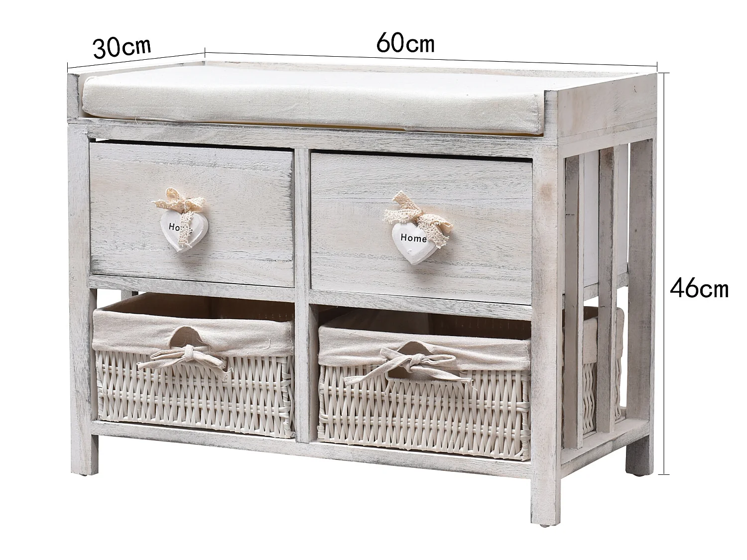 Panca 2 Cassetti 2 Ceste Legno Vimini Bianco Shabby Chic 46x60x30