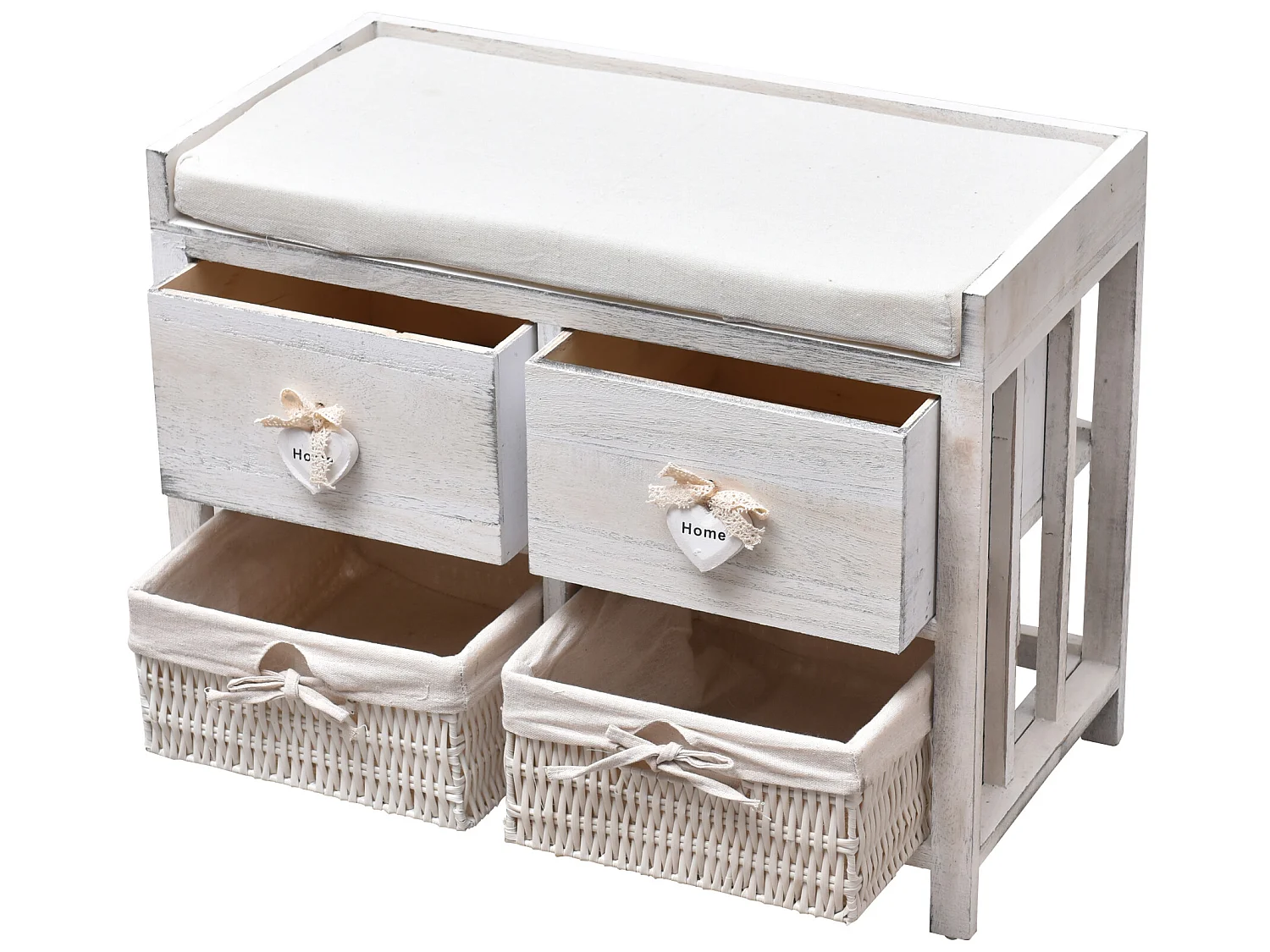 Panca 2 Cassetti 2 Ceste Legno Vimini Bianco Shabby Chic 46x60x30