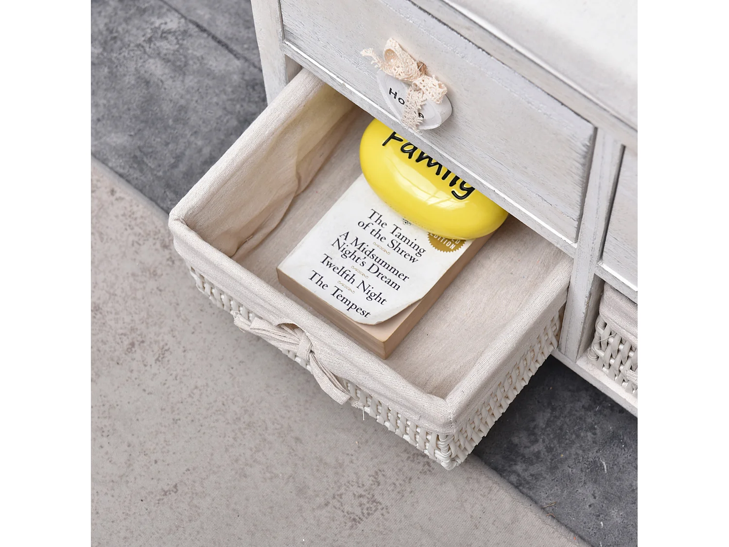 Panca 2 Cassetti 2 Ceste Legno Vimini Bianco Shabby Chic 46x60x30