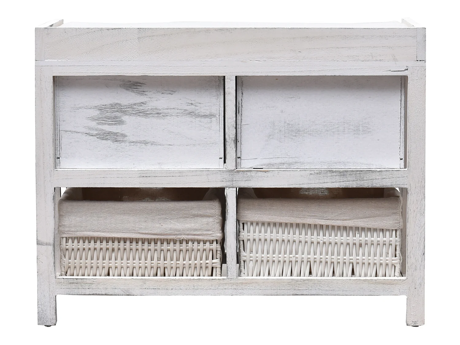 Panca 2 Cassetti 2 Ceste Legno Vimini Bianco Shabby Chic 46x60x30