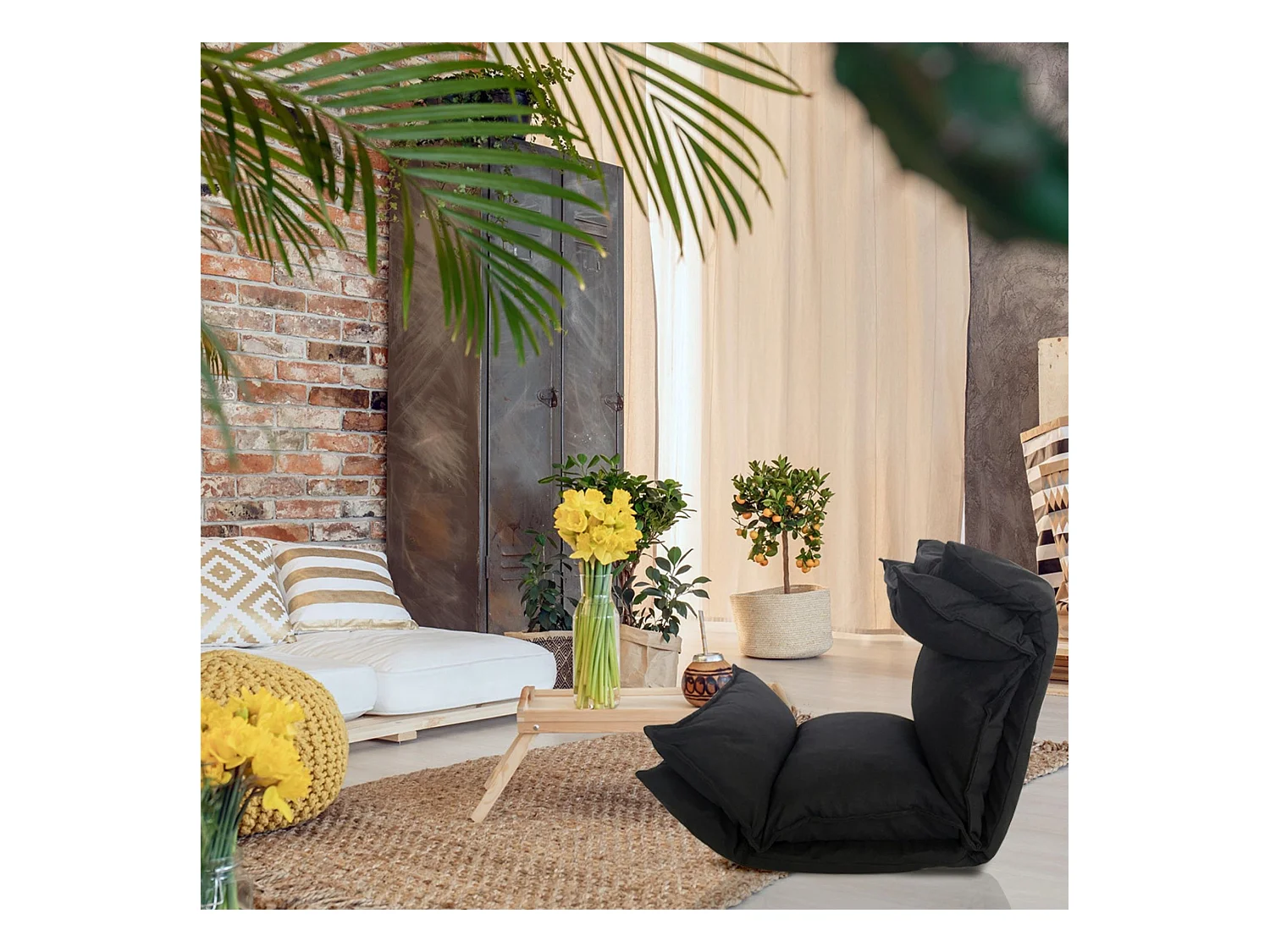 Poltrona Meditazione Sedia Futon Nera Poliestere Metallo 70x56x70