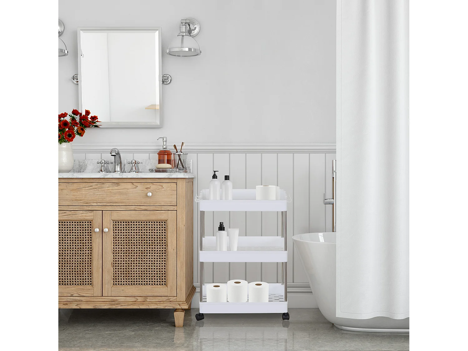 Carrinho de cozinha com 4 rodas Armazenamento 3 Prateleiras Plásticas Brancas