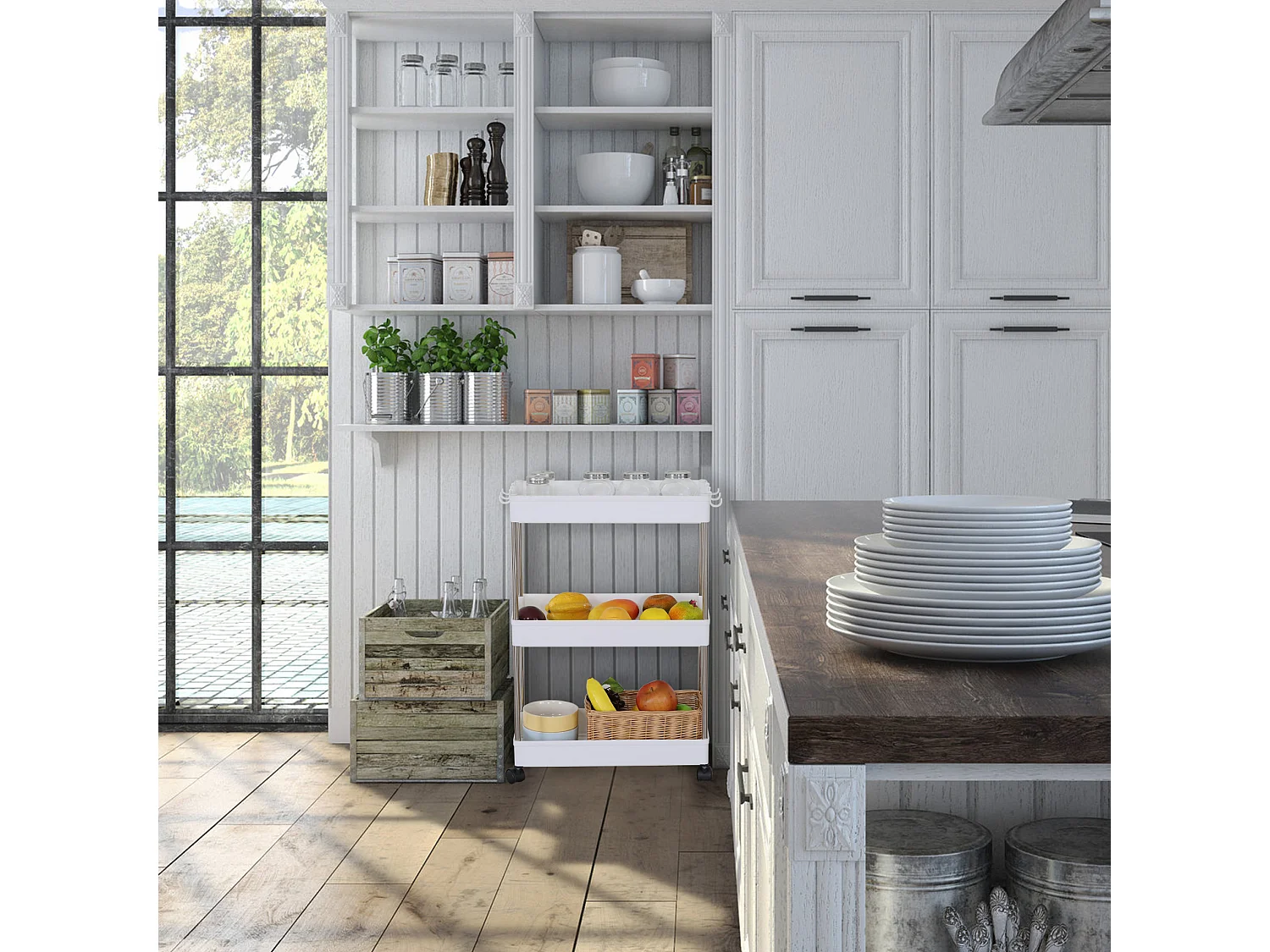 Carrinho de cozinha com 4 rodas Armazenamento 3 Prateleiras Plásticas Brancas