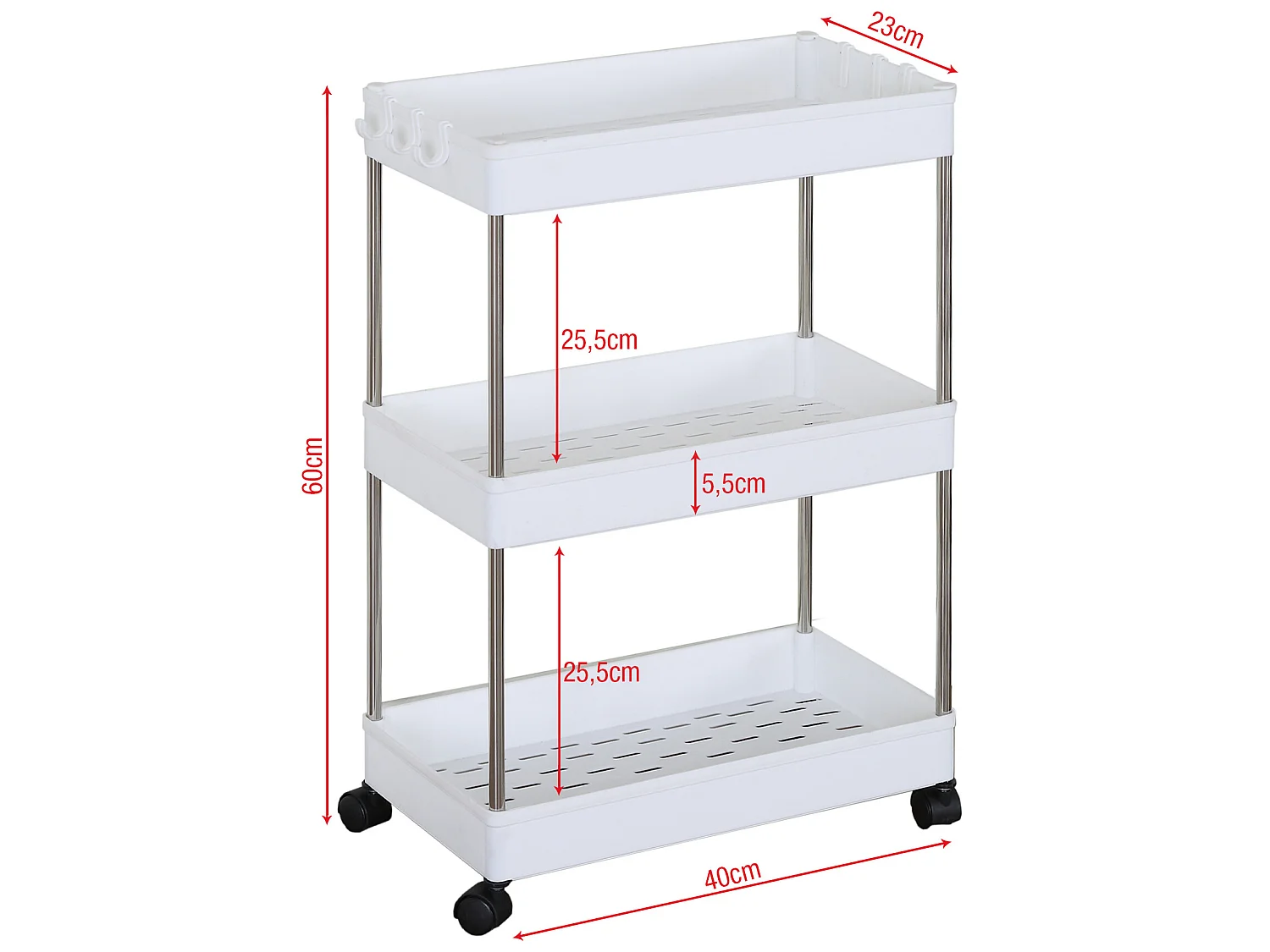 Carrinho de cozinha com 4 rodas Armazenamento 3 Prateleiras Plásticas Brancas