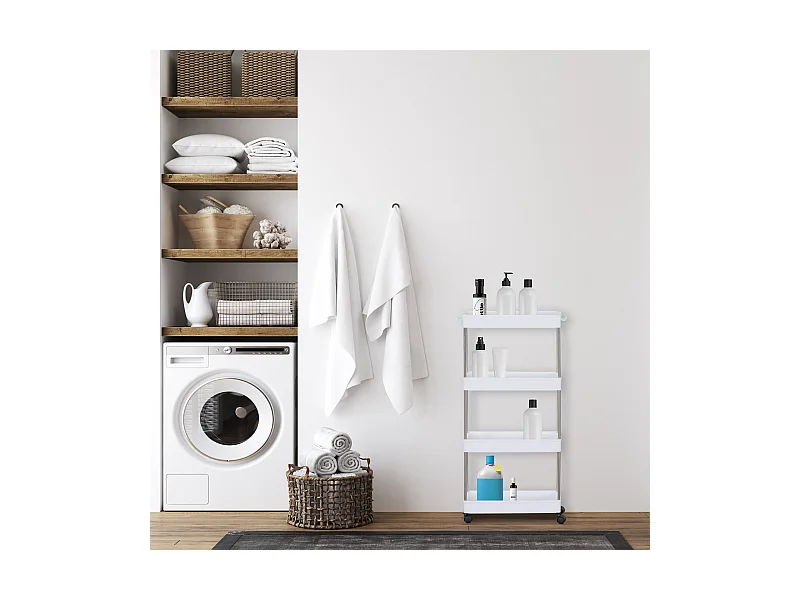 Chariot de cuisine Salle de bain avec roues 4 étagères Plastique Blanc