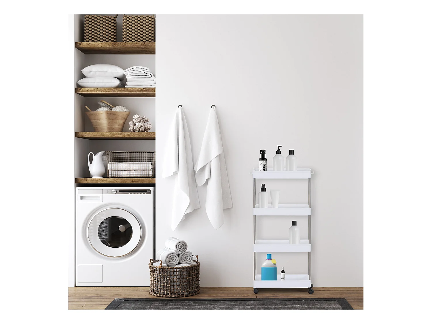 Chariot de cuisine Salle de bain avec roues 4 étagères Plastique Blanc