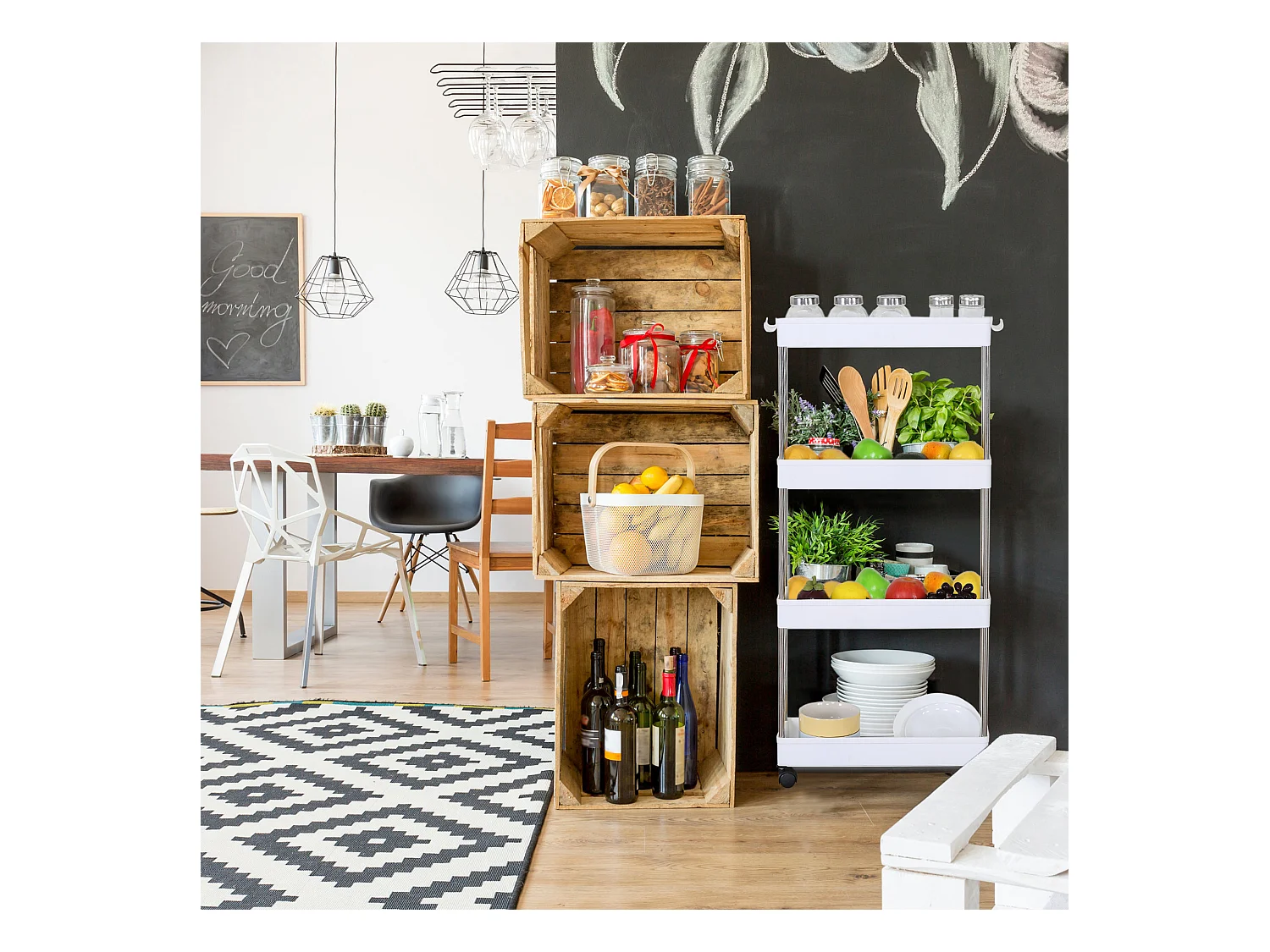 Chariot de cuisine Salle de bain avec roues 4 étagères Plastique Blanc