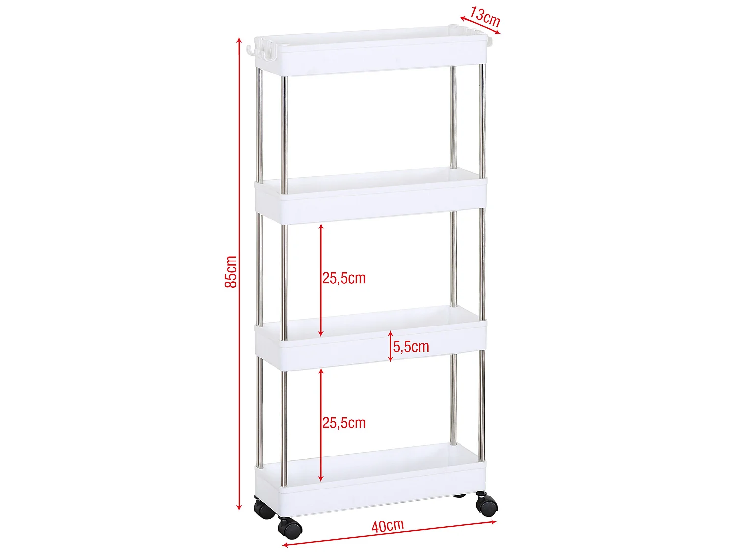 Chariot de cuisine Salle de bain avec roues 4 étagères Plastique Blanc