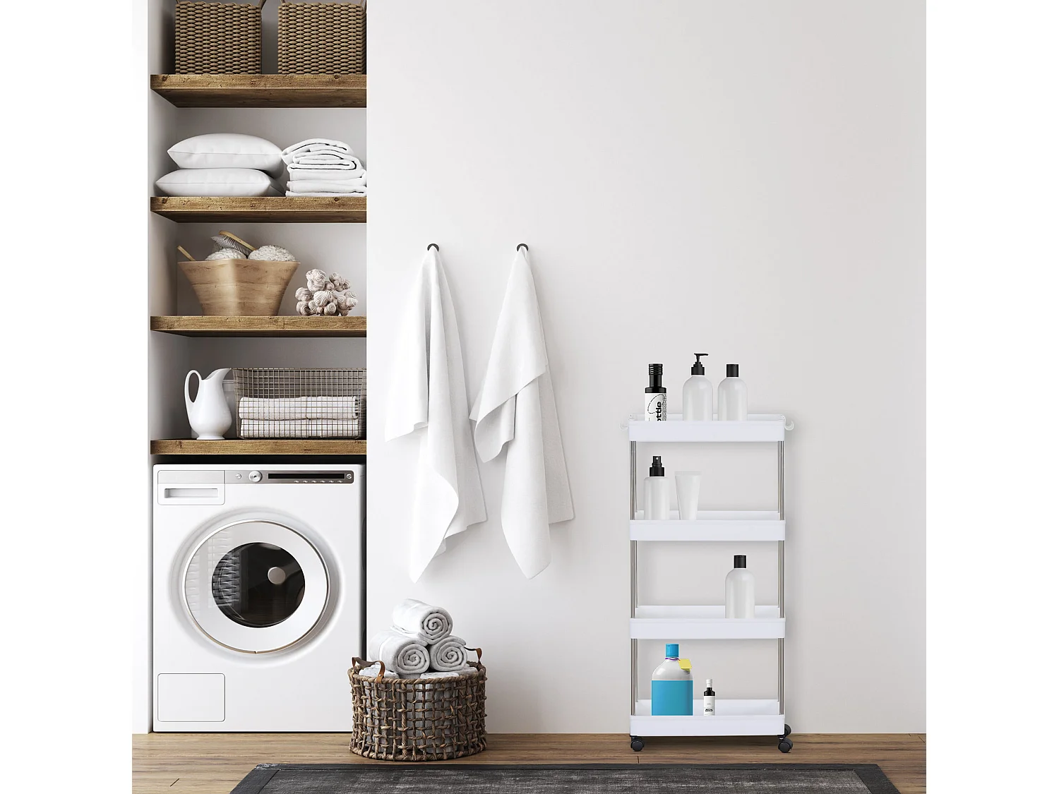 Chariot de cuisine Salle de bain avec roues 4 étagères Plastique Blanc
