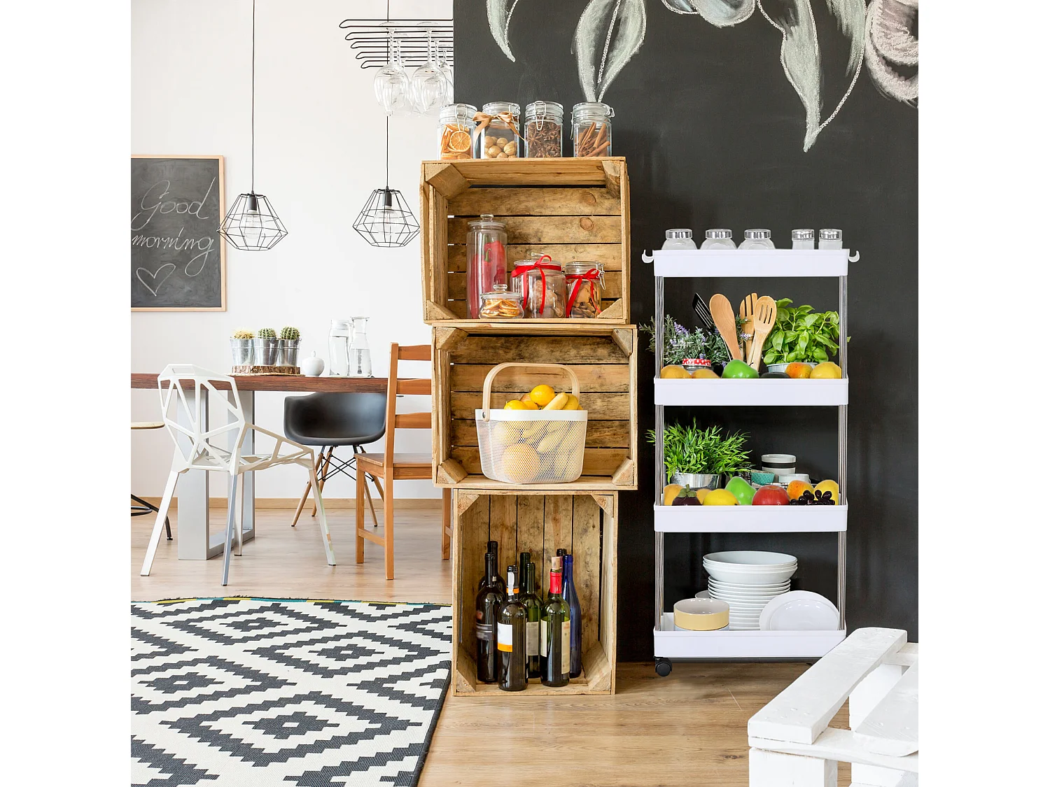 Chariot de cuisine Salle de bain avec roues 4 étagères Plastique Blanc