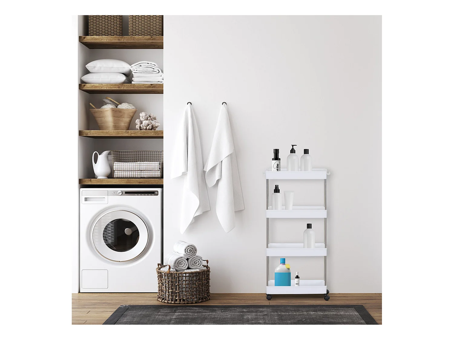 Chariot de cuisine avec roulettes 4 étagères en plastique blanc