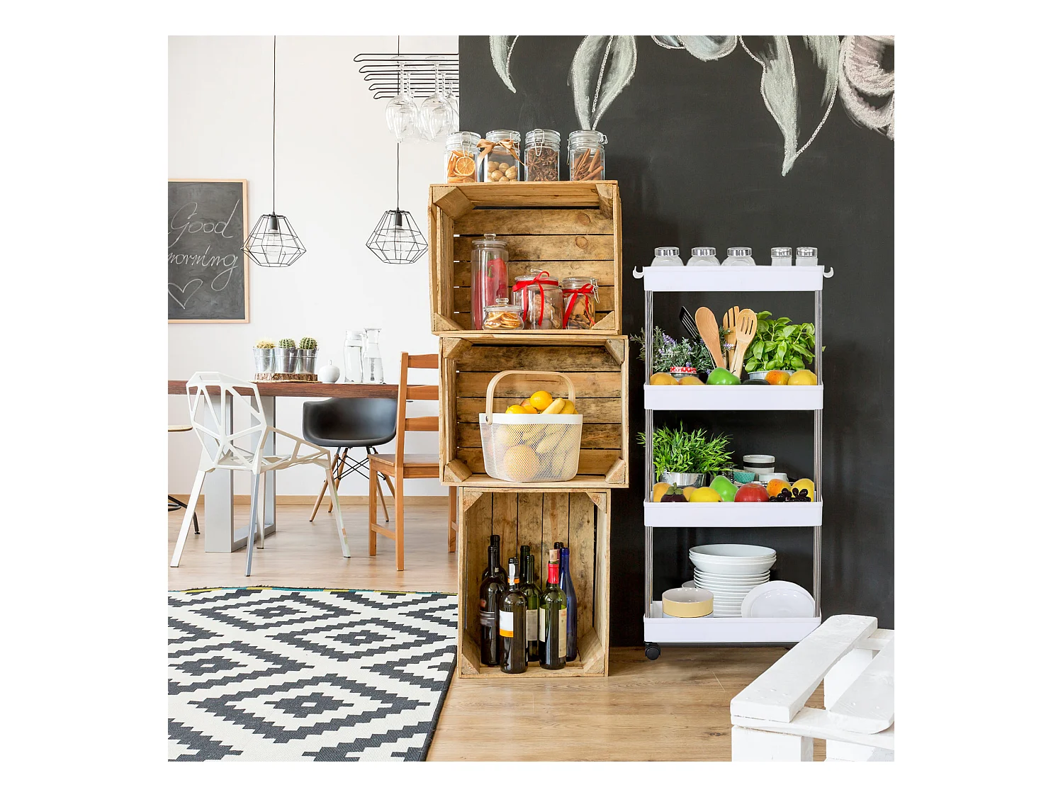 Chariot de cuisine avec roulettes 4 étagères en plastique blanc