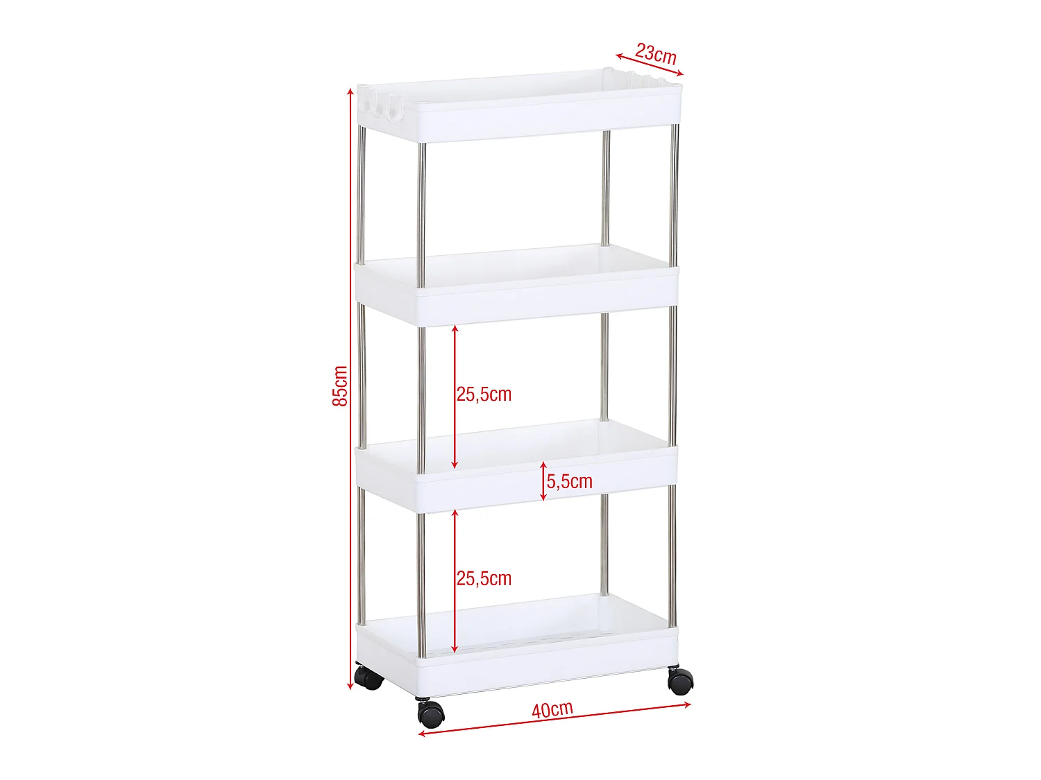 Chariot de cuisine avec roulettes 4 étagères en plastique blanc