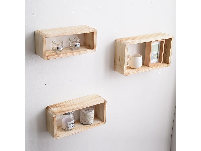 Set 3 Mensole Scaffali Rettangoliari Legno Chiaro Vintage 41x24x9