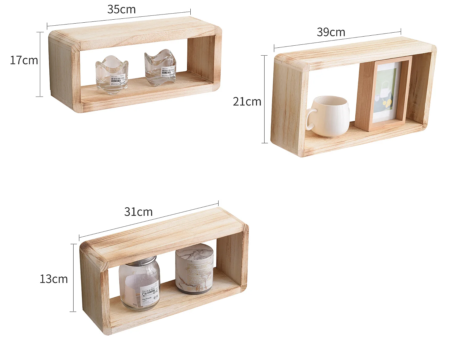 Rebecca Mobili Conjunto 3 Prateleiras Retangulares Vintage Madeira Ligeira 41x24x9