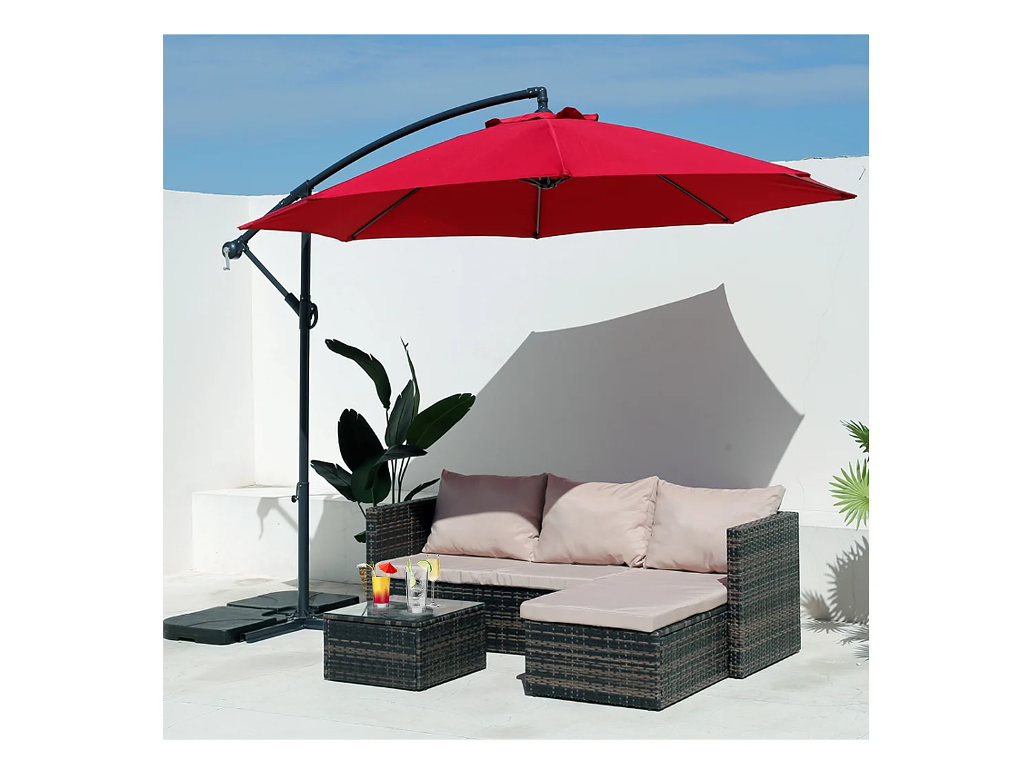 Paraguas de Jardín Rojo 3x3 Parasol Descentralizado de acero Apertura de manivela