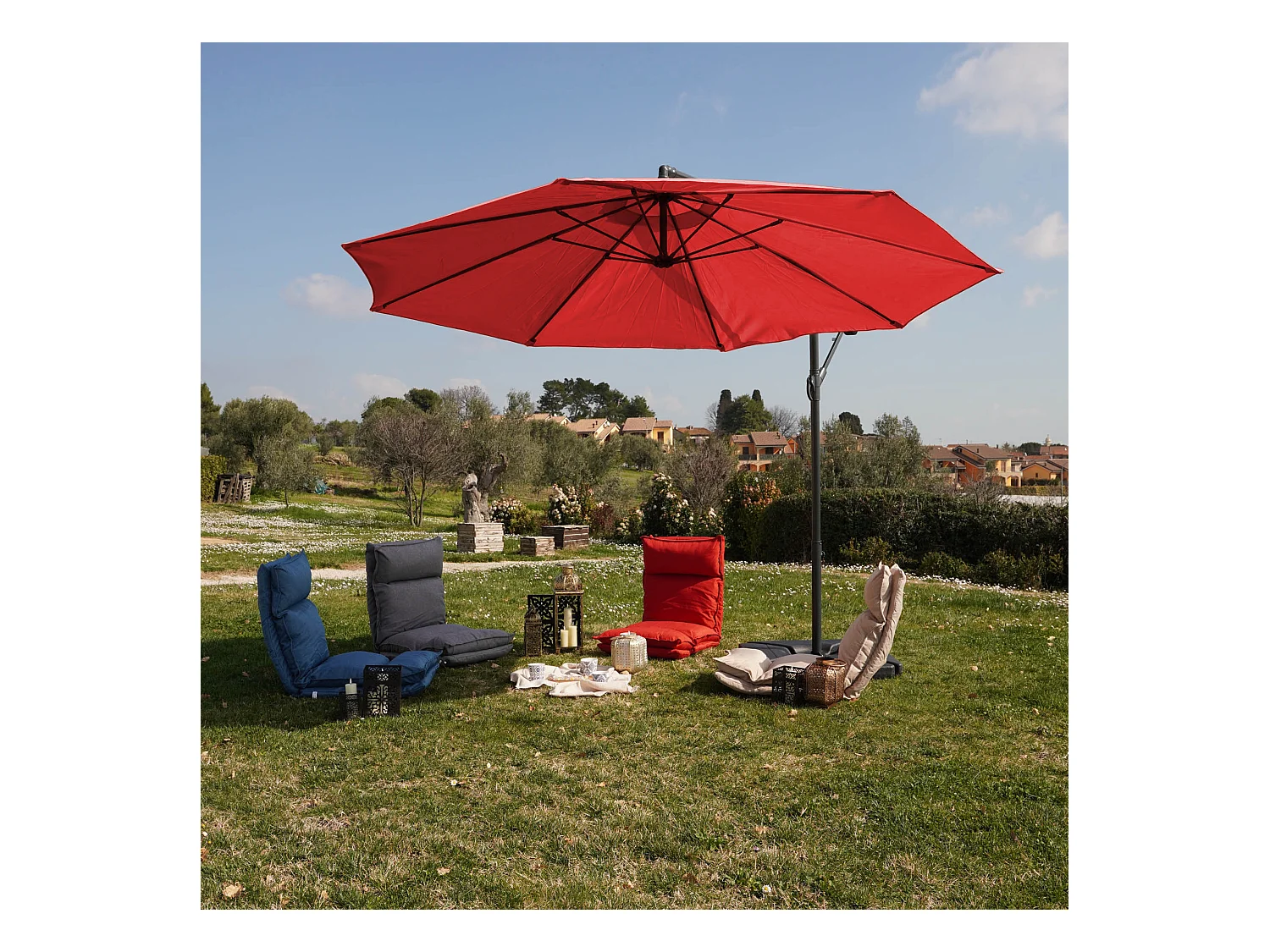 Paraguas de Jardín Rojo 3x3 Parasol Descentralizado de acero Apertura de manivela