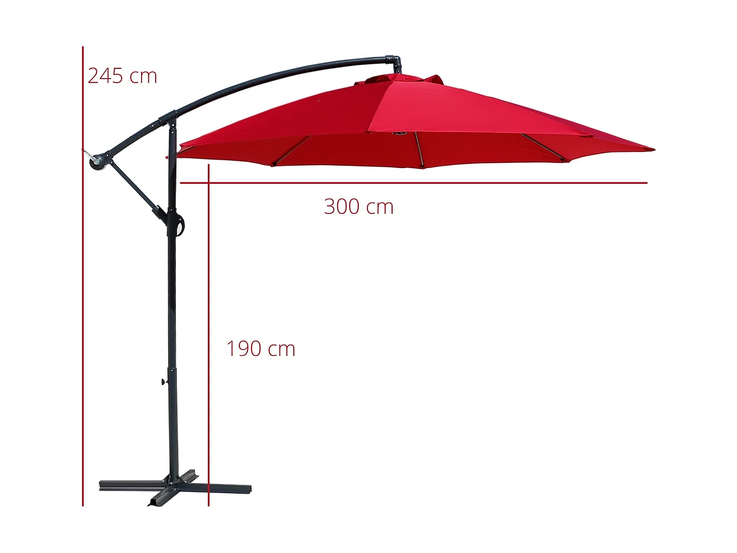 Paraguas de Jardín Rojo 3x3 Parasol Descentralizado de acero Apertura de manivela