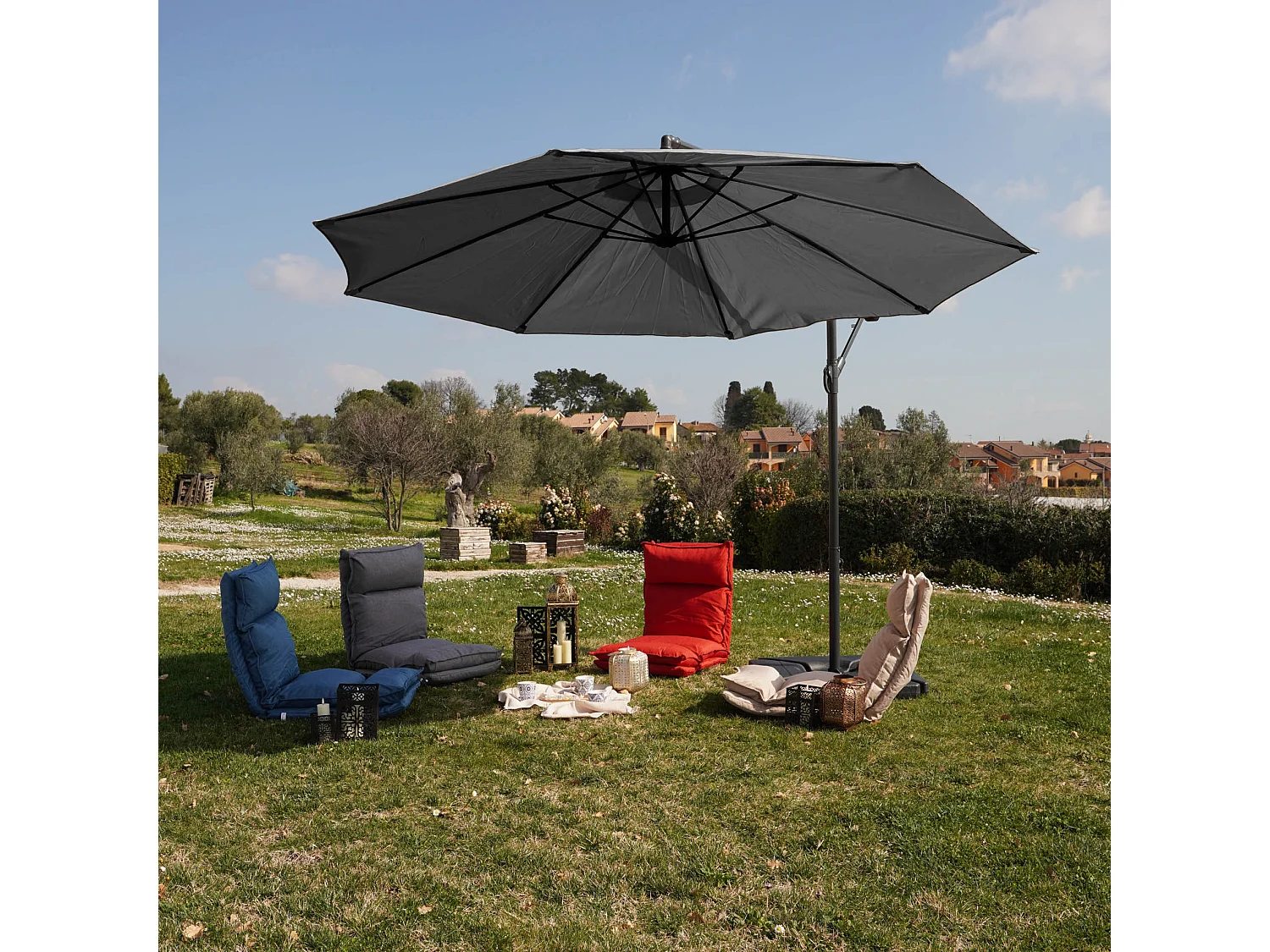 Ombrellone da Giardino Grigio Scuro 3x3 Palo Decentrato in Acciaio per Esterno