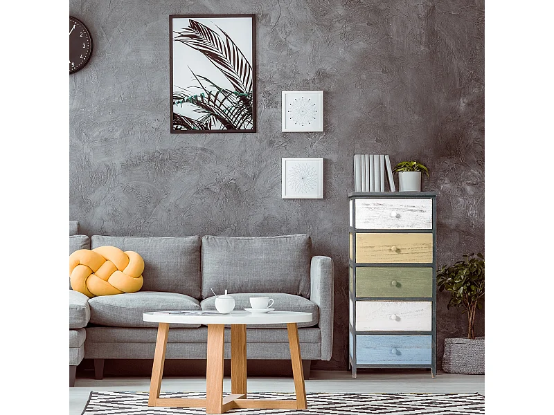 Cassettiera Comodino 5 Cassetti Legno Grigio Rustico 87x40x29