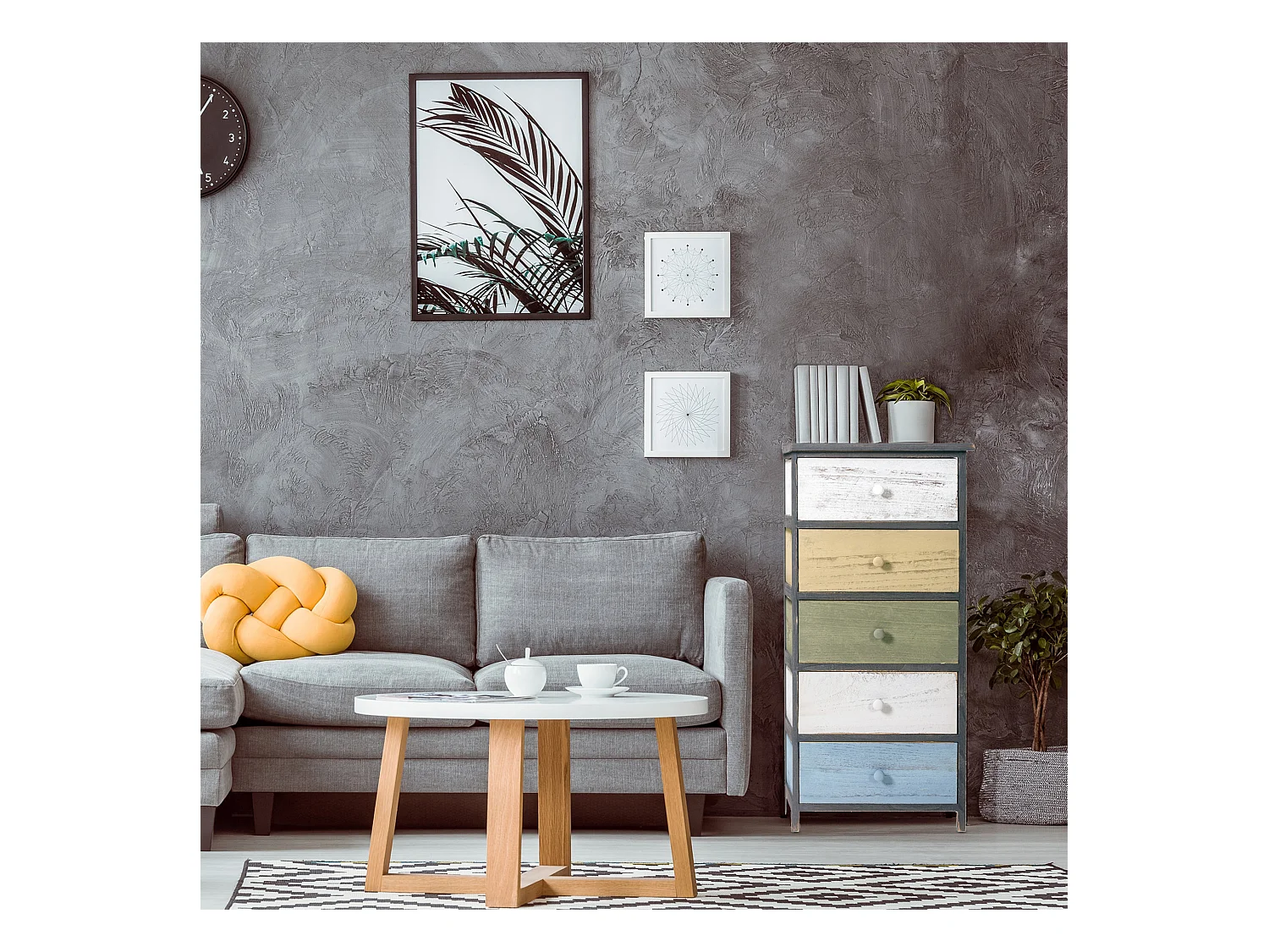 Cassettiera Comodino 5 Cassetti Legno Grigio Rustico 87x40x29