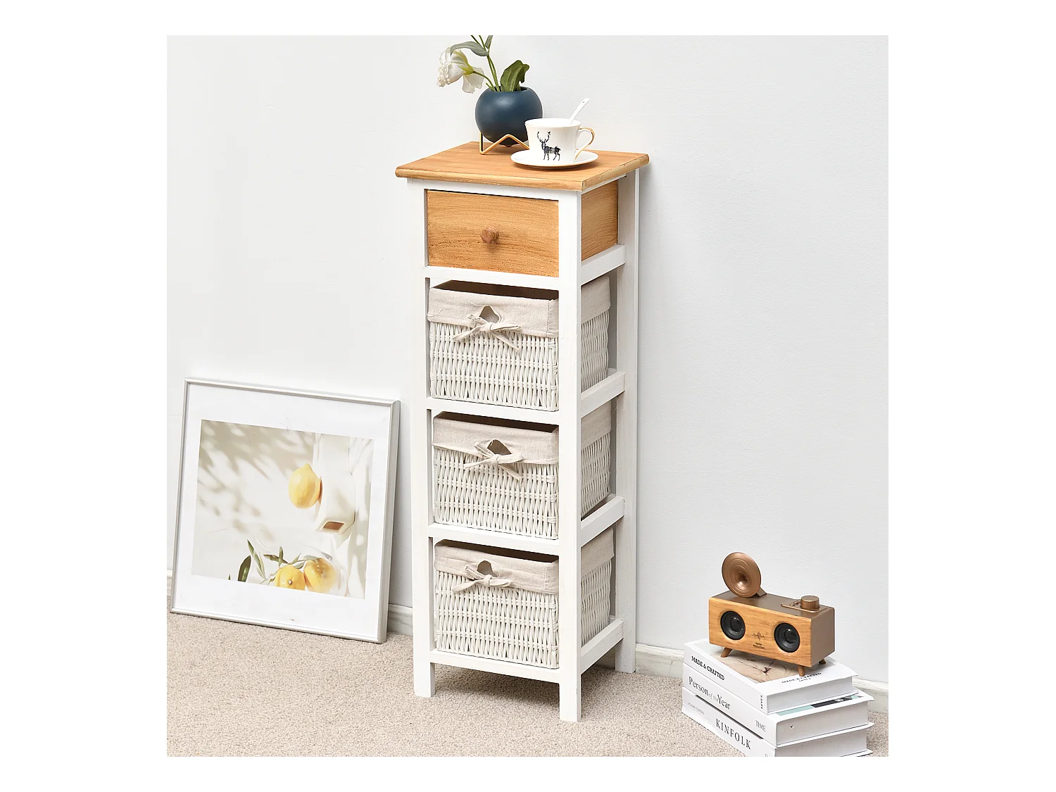 Mueble D'appoint Commode 4 Tiroirs Bois Osier Blanc Beige 85x31x27