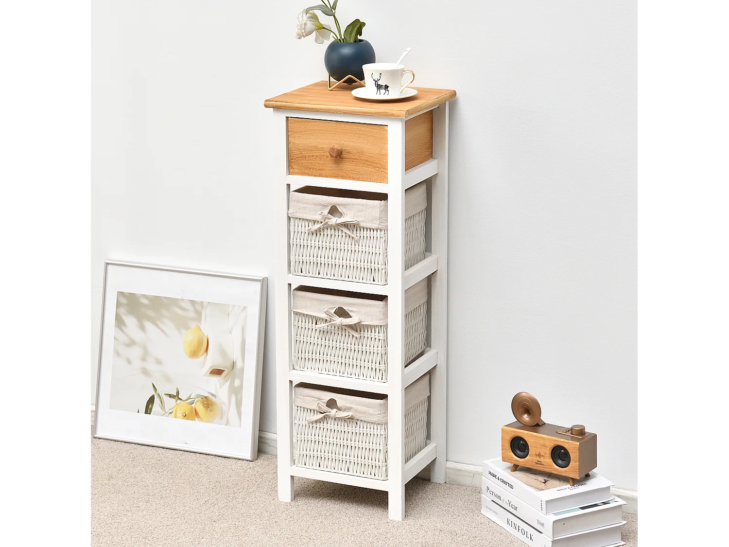 Mueble D'appoint Commode 4 Tiroirs Bois Osier Blanc Beige 85x31x27