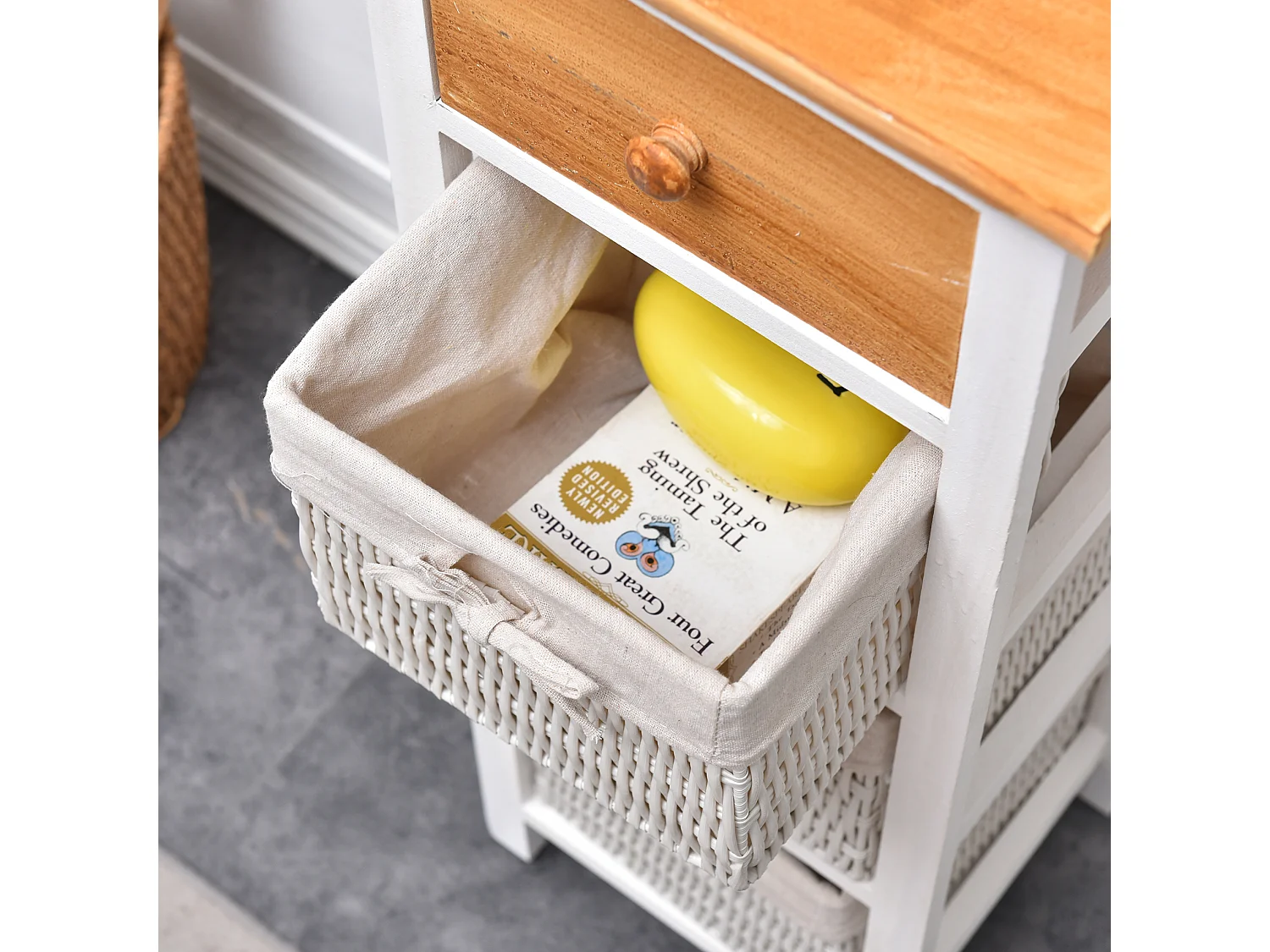 Mueble D'appoint Commode 4 Tiroirs Bois Osier Blanc Beige 85x31x27