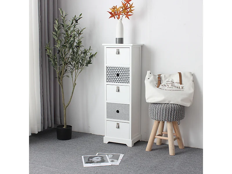 Cassettiera Alta Con 5 Cassetti In Legno Bianco Moderna Ingresso 93x30x25 Cm