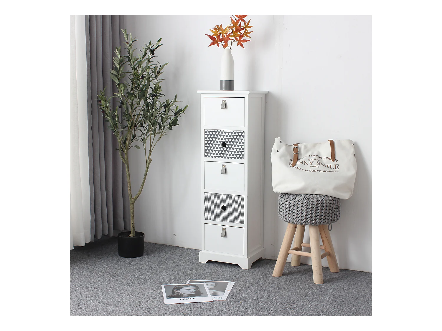 Commode Étroite Table De Chevet Haute 5 Tiroirs Blanc Gris Moderne Bois 93x30x25 Cm