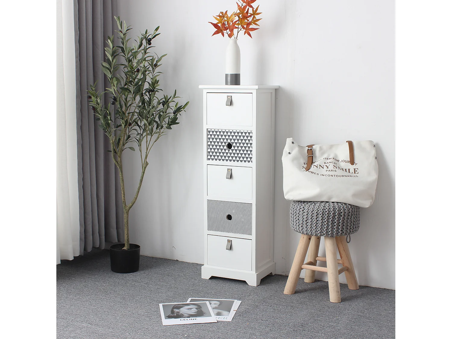 Cómoda alta con 5 cajones en madera blanca Entrada moderna 93x30x25 cm