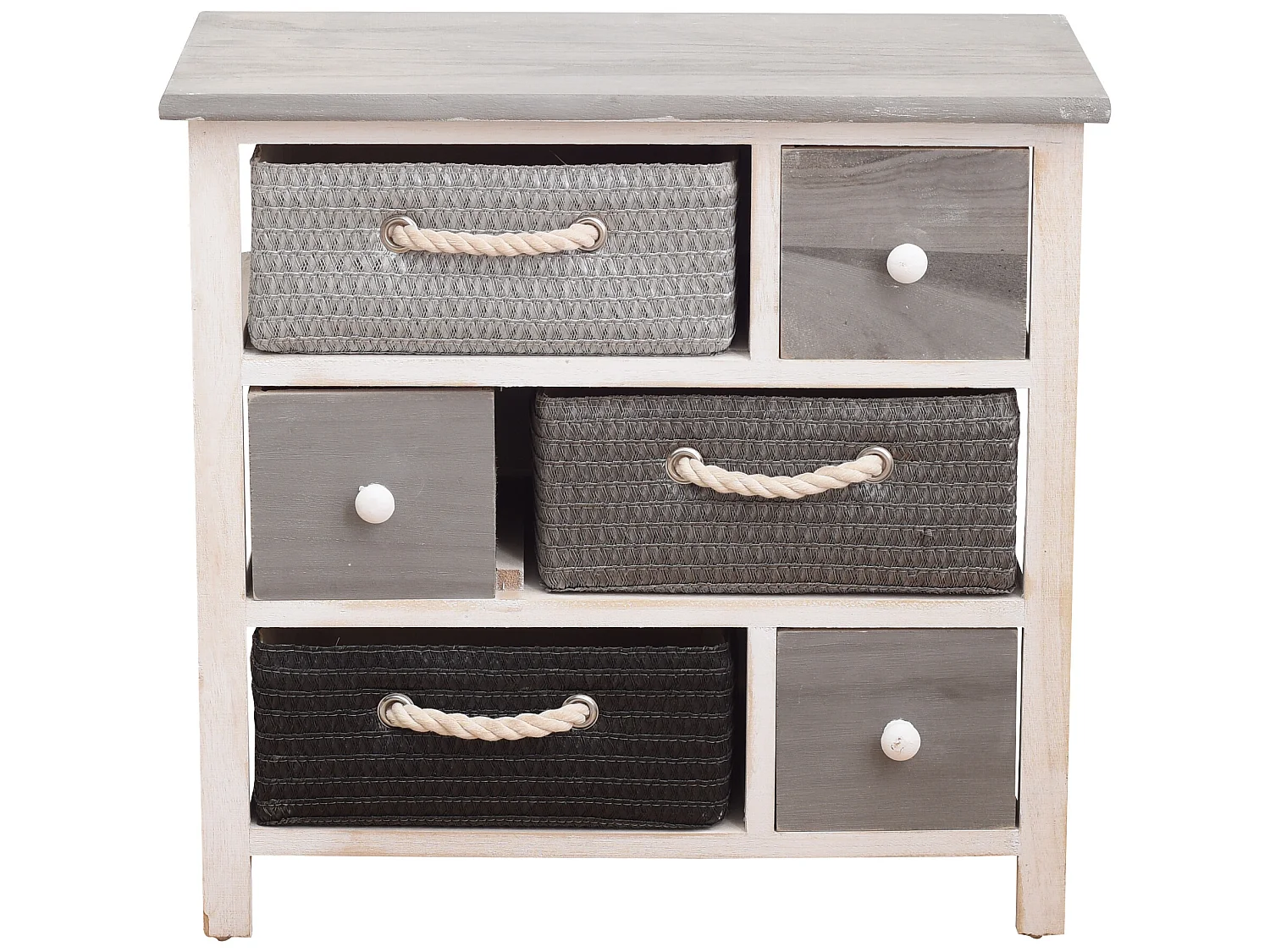 Meuble Commode 6 Tiroir Bois Osier Gris Blanc Rustique 53x56x27