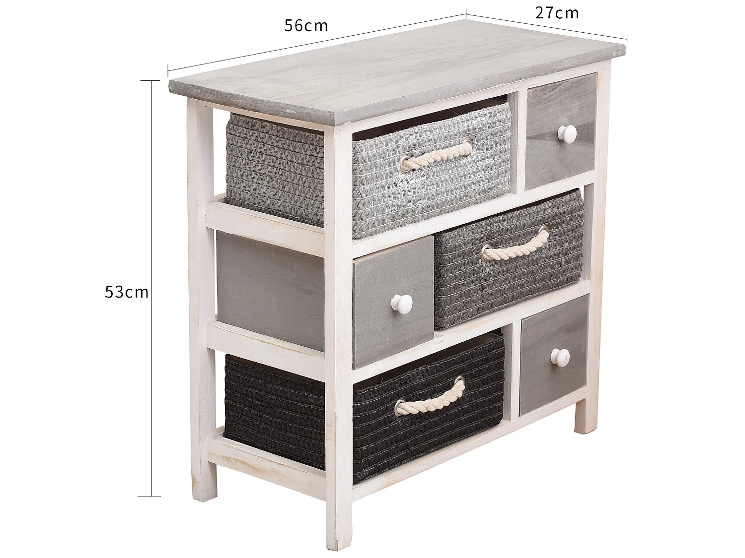 Meuble Commode 6 Tiroir Bois Osier Gris Blanc Rustique 53x56x27