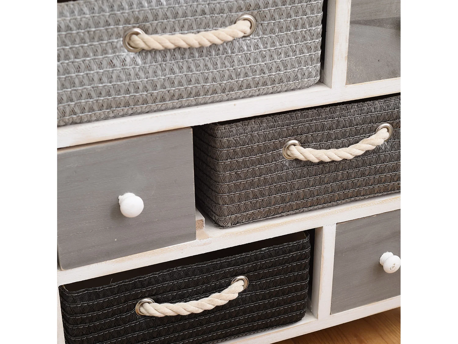 Meuble Commode 6 Tiroir Bois Osier Gris Blanc Rustique 53x56x27