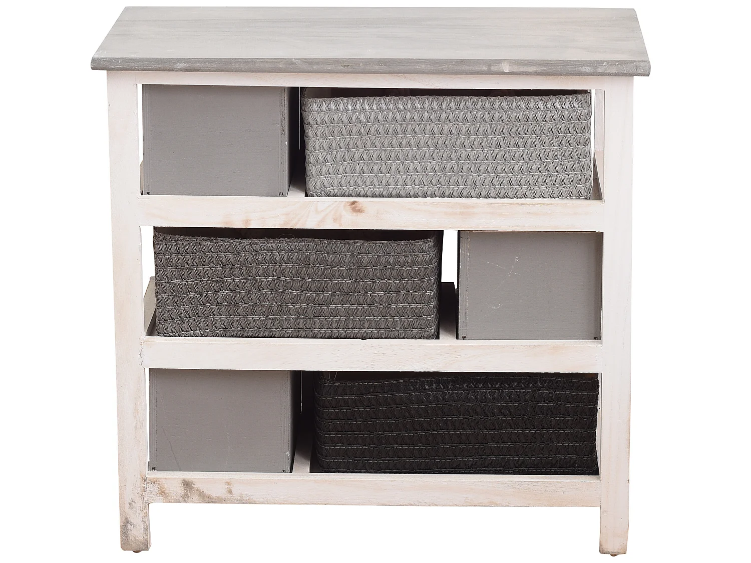 Meuble Commode 6 Tiroir Bois Osier Gris Blanc Rustique 53x56x27