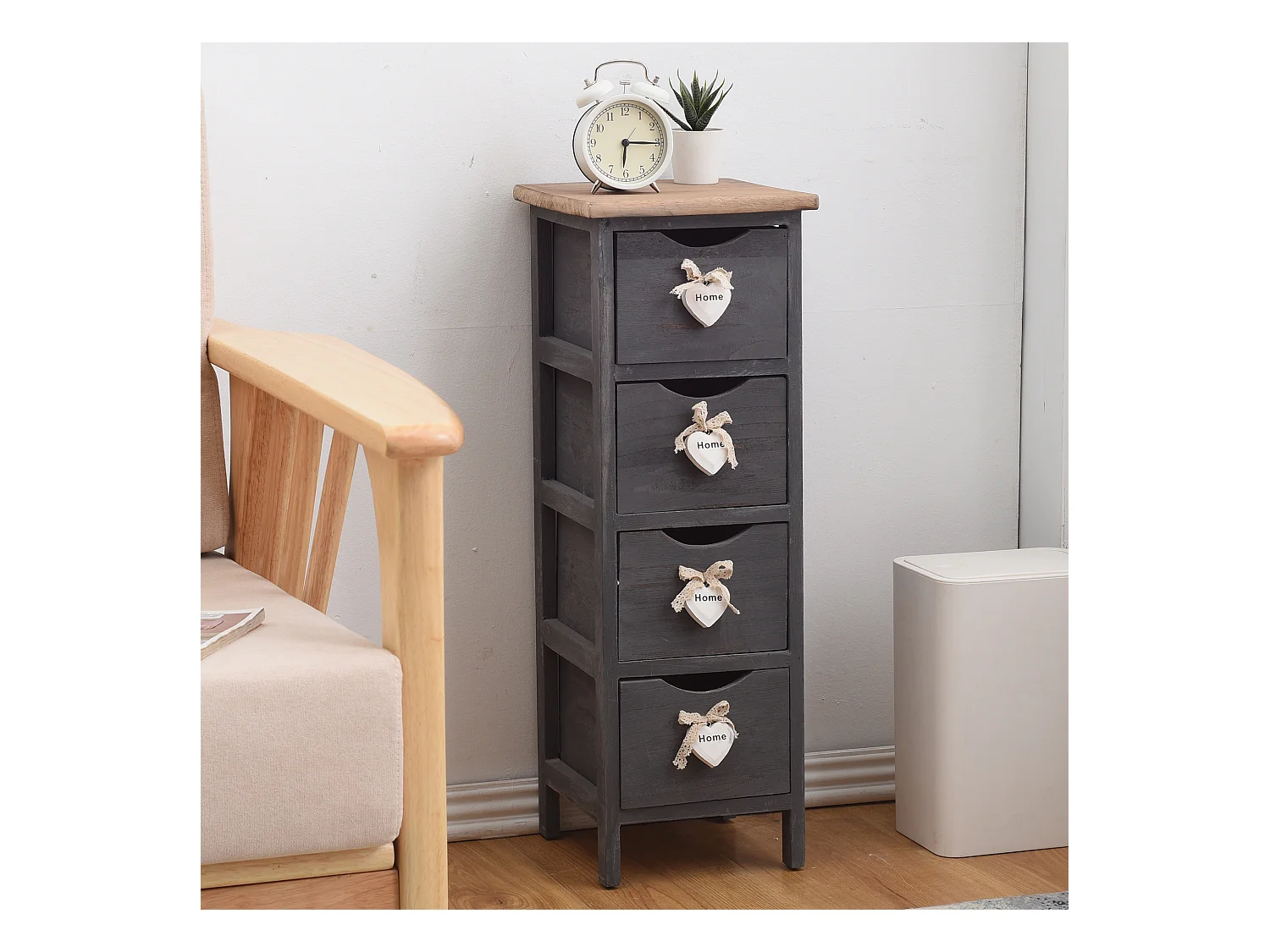 Chiffonnier Chevet 4 Tiroirs Bois Gris Contemporain 71x25x25