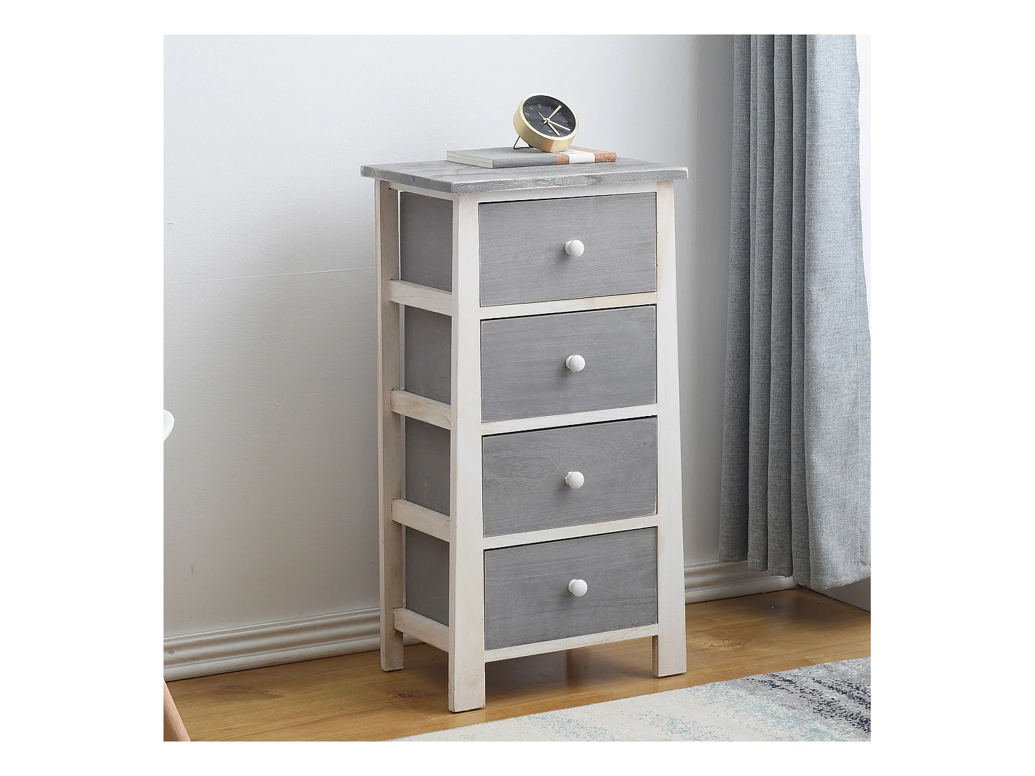 Cassettiera Comodino Bianco Shabby Grigio 4 Cassetti 73x37x27