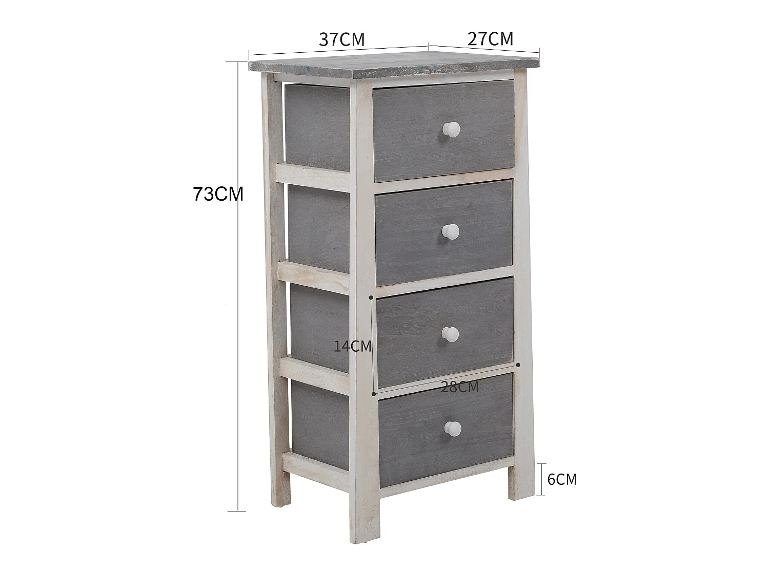 Cassettiera Comodino Bianco Shabby Grigio 4 Cassetti 73x37x27