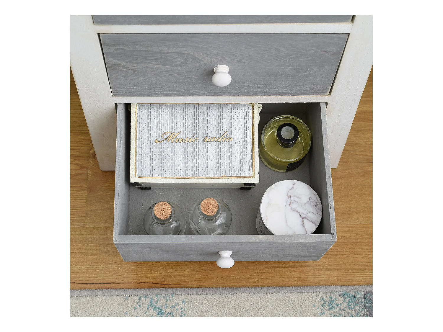 Cassettiera Comodino Bianco Shabby Grigio 4 Cassetti 73x37x27