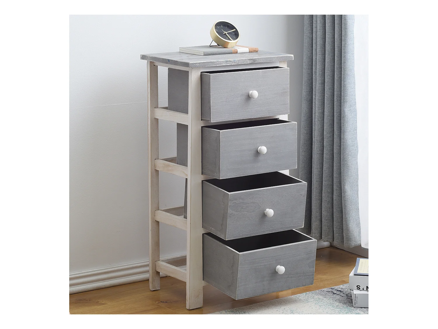 Cassettiera Comodino Bianco Shabby Grigio 4 Cassetti 73x37x27