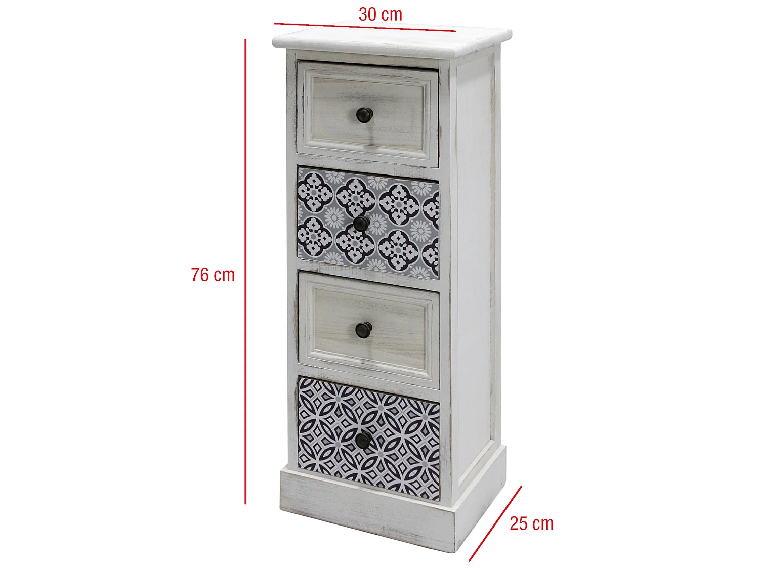 Cómoda em madeira branca cinzenta com 4 gavetas para banho Shabby Chic 76x30x25 Cm