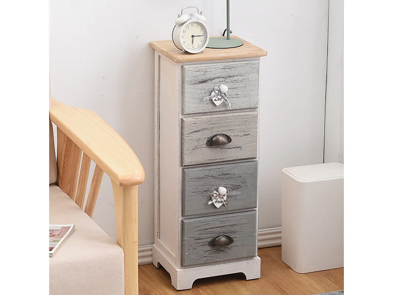 Cassettiera Comodino Bianco 4 Cassetti Colorati Shabby 72x29x25